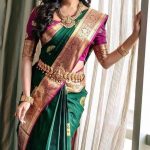 Traditional Kanchipuram bottle green color weaving saree