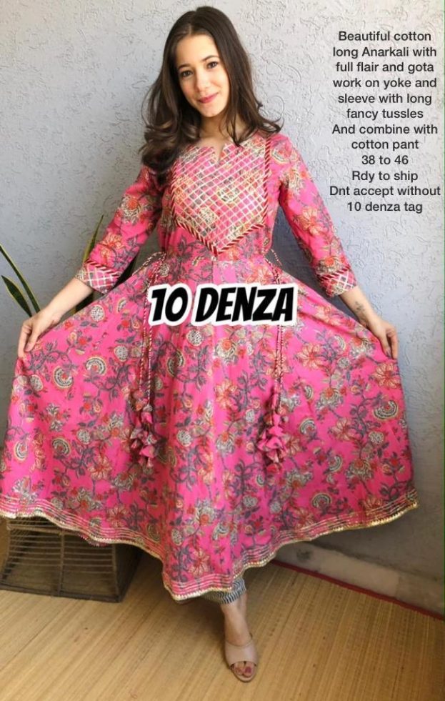 Beautiful cotton long Anarkali with full flair and gota work suit